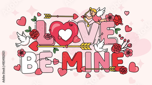 Valentine's Day Greeting Design with Love Message, Arrows, Hearts, and Cupid
