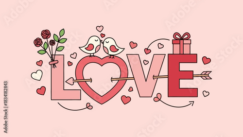 Stylized Linear 'LOVE' Illustration with Romantic Elements Cute Birds, Hearts, Roses, and Gifts for Affectionate Celebrations