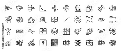 Artificial intelligence and machine learning line icon set. Vector pictograms of neural network, brain, robot, data analysis, algorithm, vision, thin outline illustration.