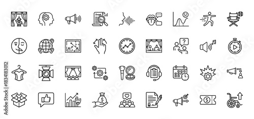 Theater and performance line icon set. Vector pictograms of script, stage, mask, director's chair, and spotlight, thin outline illustration.