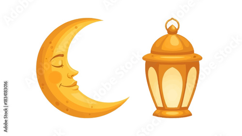 Islamic crescent moon and lantern, symbols of Ramadan, holiday season celebration vector