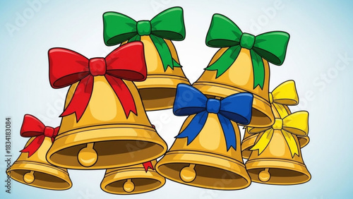 A cheerful collection of golden bells adorned with vibrant red green blue and yellow bows evoking a festive and celebratory atmosphere against a soft blue gradient background