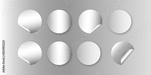Blank white round paper sticker mock up with curved corner. Illustration of vector graphic paper white note.  Set of circle adhesive stickers with folded edges and shadow. stickers peel off, patches .