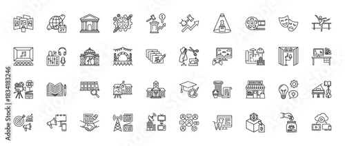 Arts, culture, and media line icon set. Vector pictograms of museum, theater, cinema, broadcast, education, music, and art supplies, thin outline illustration.