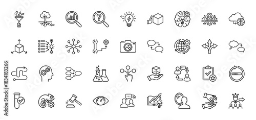 Business strategy and innovation line icon set. Vector pictograms of brainstorming, analysis, process, management, teamwork, development, research, outline illustration.