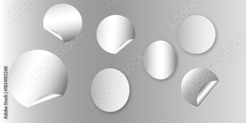 Blank white round paper sticker mock up with curved corner. Illustration of vector graphic paper white note.  Set of circle adhesive stickers with folded edges and shadow. stickers peel off, patches .