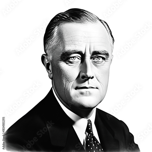 Black and white vintage engraving, close-up headshot portrait of Franklin D. Roosevelt, the famous historical American US president, white background, greyscale