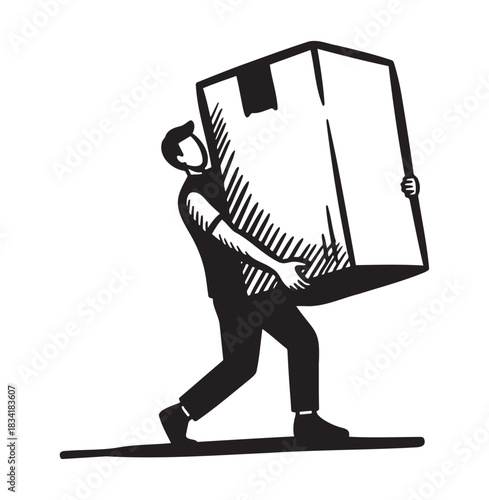 Man carrying large box in a minimal black and white style  