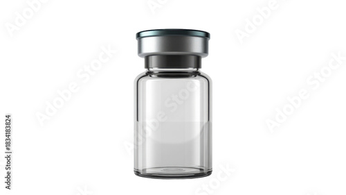 Clear glass vial with silver and black cap on transparent background
