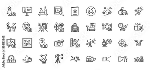 Photography and image production line icon set. Vector pictograms of camera, drone, portrait, wedding, and studio, thin linear illustration.