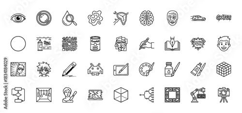 Art, creativity, and technology line icon set. Vector pictograms of an eye, brain, pencil, paint palette, and robotic arm, thin linear illustration.