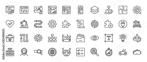 Development and engineering line icon set. Vector pictograms of settings, automation, analytics, and testing, thin linear illustration.