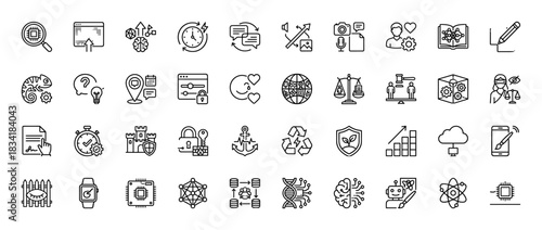 Technology and business line icon set. Vector pictograms of ai, machine learning, data security, and development, thin linear illustration.