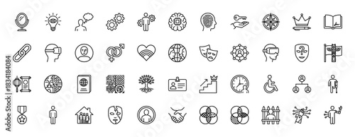 Diversity and inclusion line icon set. Vector pictograms of identity, culture, equity, and accessibility, thin linear illustration.