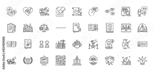 Creative concept line icon set. Vector pictograms of memory, writing, heart, discovery, and knowledge, thin linear illustration.