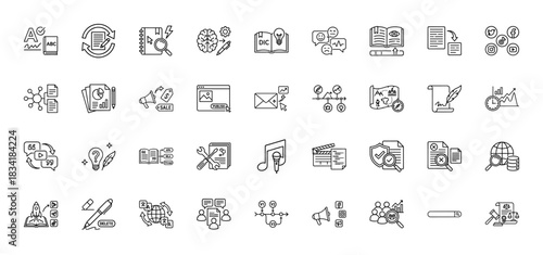 Content creation and publishing line icon set. Vector pictograms of writing, editing, advertising, and multimedia tools, thin linear illustration.