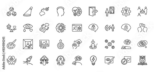 Artificial intelligence and creativity line icon set. Vector pictograms of brain, robot, mind, art, and meditation, thin linear illustration.