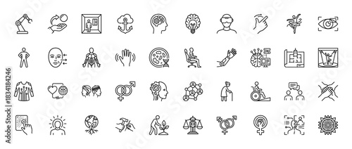 Futuristic technology and human progress line icon set. Vector pictograms of robotics, artificial intelligence, and societal interaction, thin linear illustration.