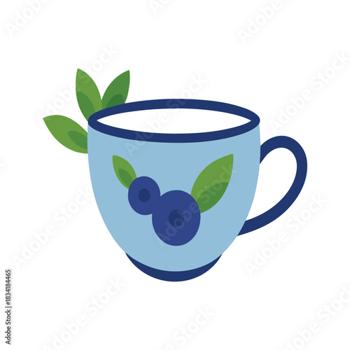 Blueberry Tea Delight: A charming illustration depicts a serene cup of tea adorned with vibrant blueberry and delicate leaf, inviting a moment of tranquility and refreshment.Green tea in a blue cerami