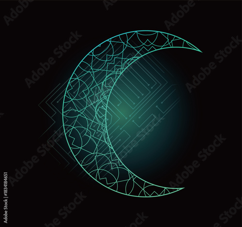 サイバーパンクな月・電子回路で輝不思議なアイコンイラスト素材