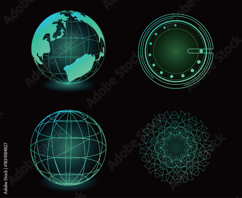 光り輝く地球儀と幾何学的なマーク・ワイヤーの地球のサイバーパンクアイコンイラスト