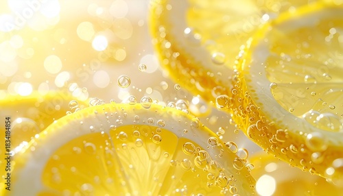 Close up of fresh lemon slices submerged in water with bubbles