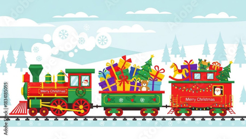 A festive colorful christmas train loaded with gifts and trees travels through a snowy winter landscape with santa visible in the engine and caboose