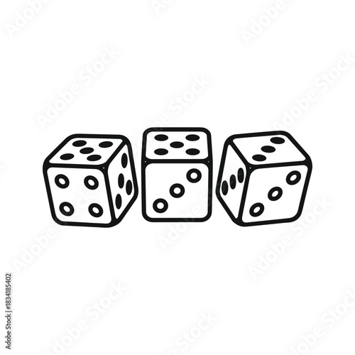 Three black and white game dice icon, simple vector illustration.