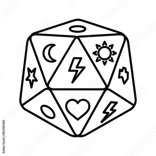 Mystical D20 Die Line Art with Sun, Moon, and Lightning Symbols