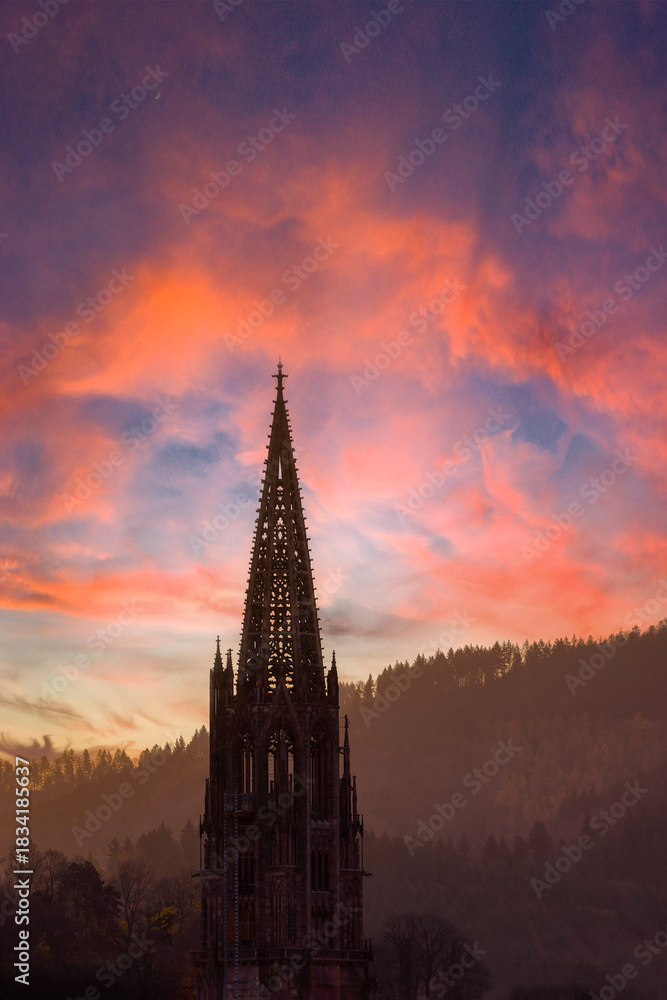 Obraz premium FReiburger Münsterturm in der Morgendämmerung