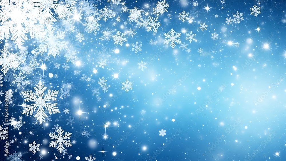 Fototapeta premium Sparkling snowflakes falling on a deep blue winter background