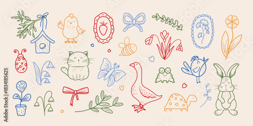 Vintage, hand-drawn cute animals and plants in sketch style. Line drawing. Flowers, bows, animals, butterfly. Vector illustration spring-summer.