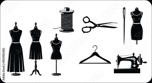 Comprehensive Vector Collection of Essential Sewing and Tailoring Tools Including Mannequins, Scissors, Thread, and Sewing Machine Silhouettes