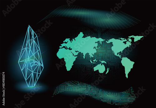 電子回路と世界地図・クリスタルの線画・サイバーパンク風装飾素材