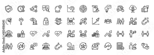 Business and marketing line icon set. Vector pictograms of teamwork, strategy, growth, security, and success, thin linear illustration.
