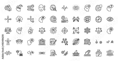 Social science and human psychology line icon set. vector pictograms of brain, hands, politics, and relationships, thin linear illustration.