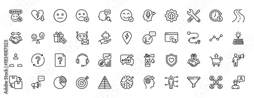 Customer experience and service line icon set. Vector pictograms of feedback, support, metrics, and strategy, thin linear illustration.