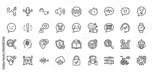 Technology and communication line icon set. Vector pictograms of microphone, sound wave, emotion, robot, chart, headset, smart home, stethoscope, thin linear illustration.