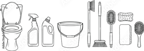 Hand-Drawn Cleaning Tools and Supplies Vector Line Art Set for Household Services and Bathroom Hygiene Concepts.