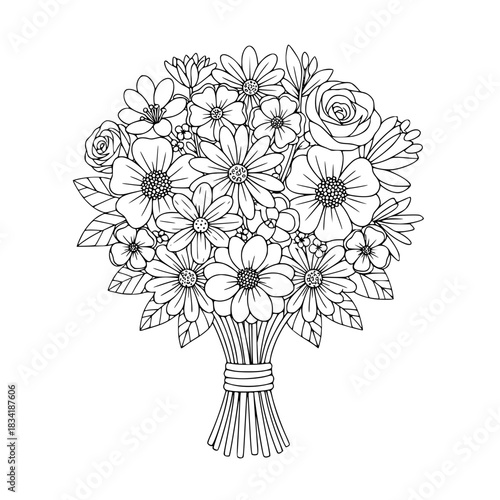 Wildflower Bouquet Coloring Page with Roses and Daisies