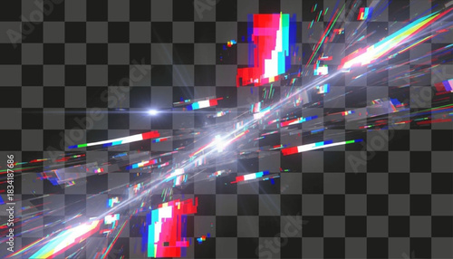 Abstract digital glitch art with geometric shapes and light streaks on a transparent background. Perfect for adding a modern, distorted effect to creative projects and designs.