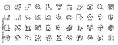 Business and technology line icon set. Vector pictograms of analysis, performance, research, innovation, and machine learning, thin linear illustration.