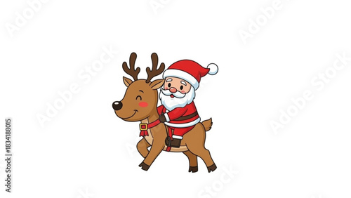 Cute cartoon santa claus riding a happy reindeer with a red scarf and red hat on a white background