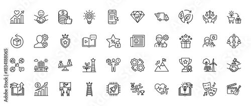 Business and corporate strategy line icon set. Vector pictograms of growth chart, lightbulb, handshake, money, and education, thin linear illustration.