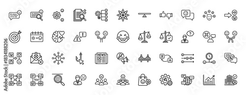 Customer experience line icon set. Vector pictograms of feedback, rating, satisfaction, balance, decision, emotion, communication, and target, thin linear illustration.