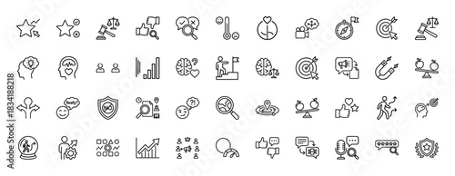 Core values and assessment line icon set. Vector pictograms of feedback, review, justice, goals, and balance, thin linear illustration.
