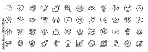 Emotional intelligence and soft skills line icon set. Vector pictograms of brain, heart, handshake, mind, and growth, thin linear illustration.
