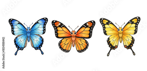 Cute cartoon butterflies in blue, orange, and yellow with expressive eyes. Perfect for kids’ designs, decor, packaging, and educational projects. Playful, colorful, and friendly.