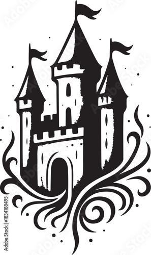Dark castle with flags and ornate swirls