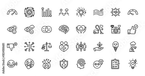 Emotion and feeling line icon set. Vector pictograms of mental health, love, relationships, and mood swings, thin linear illustration.